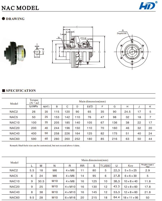 NAC air shaft friction type clutch technical data