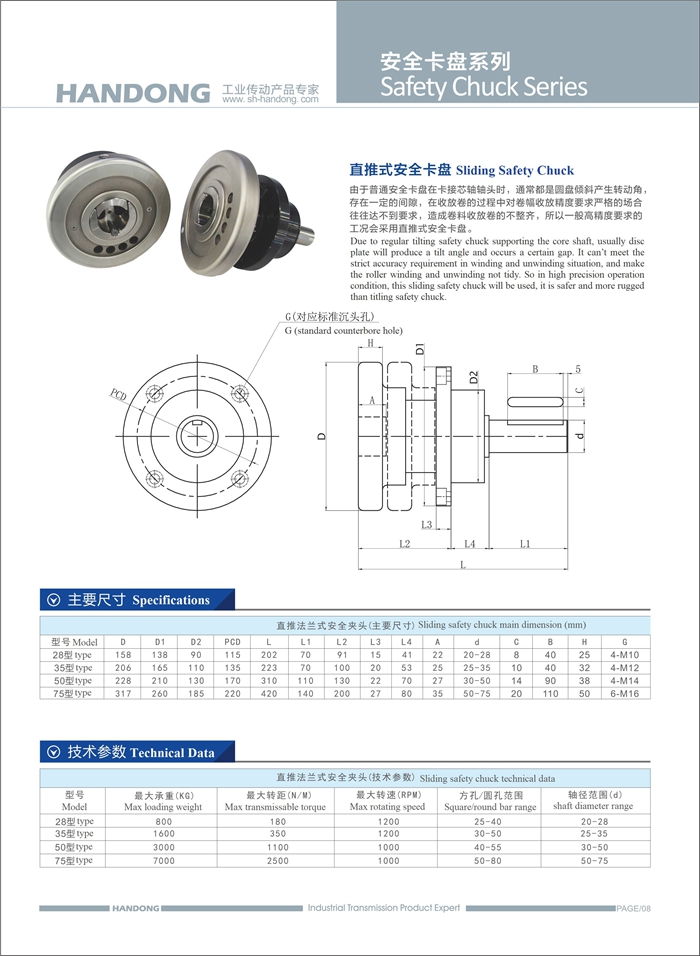 Handong sliding safety chuck for core shaft support