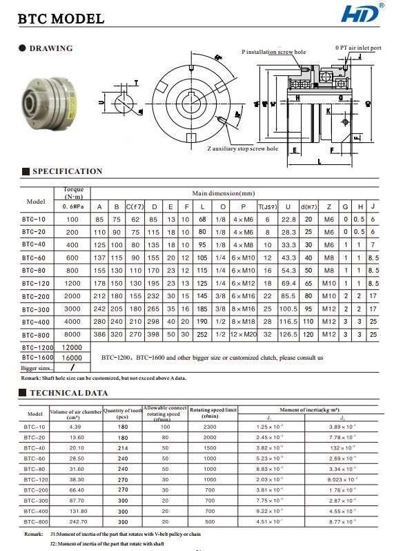 Handong BTC air tooth clutch technical data